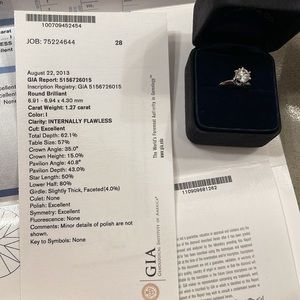 1.27 Carat Certified Round Brilliant Diamond GIA Certified Internally Flawless